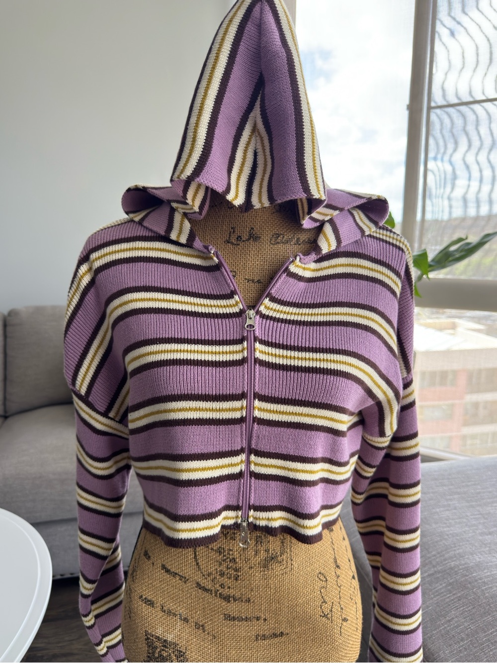 Kendall & Kylie Lavender Striped Hooded Zip Crop Sweater